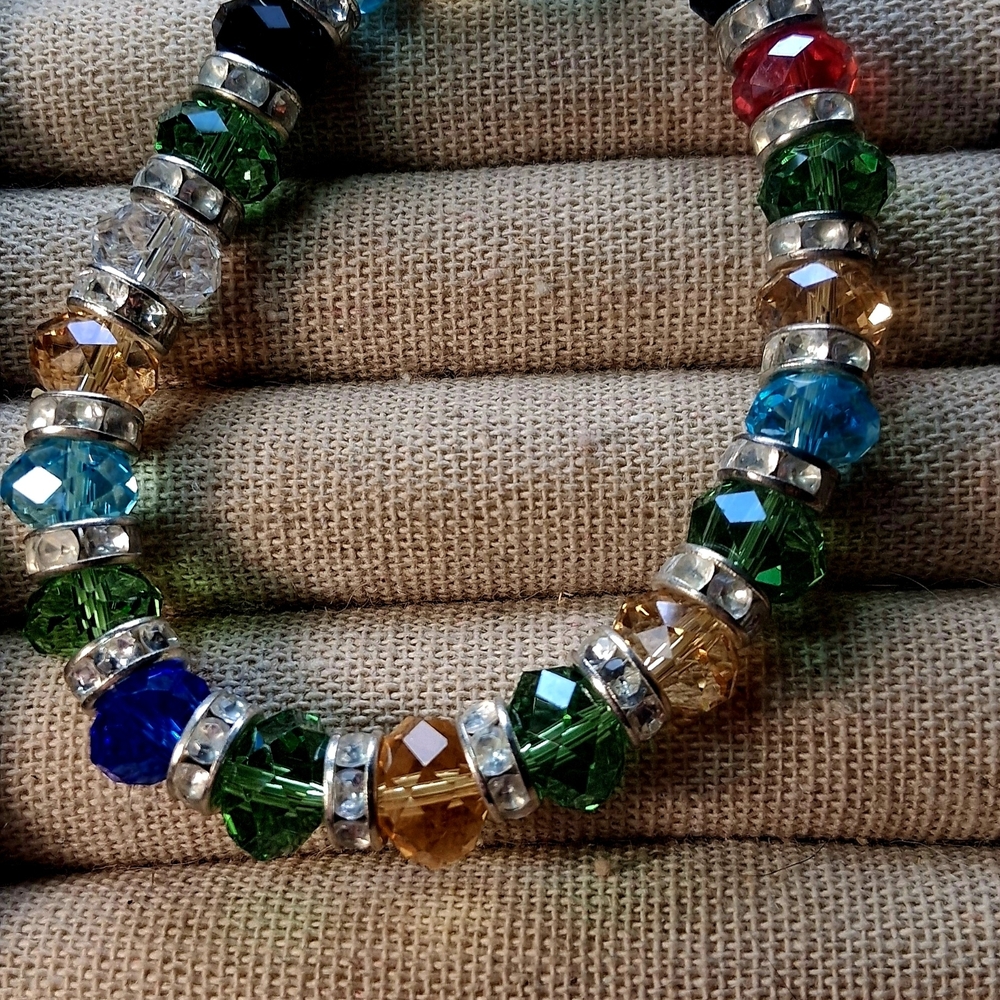 Multicolor Faceted Crystal Stretch Bracelet with Rhinestone Spacers